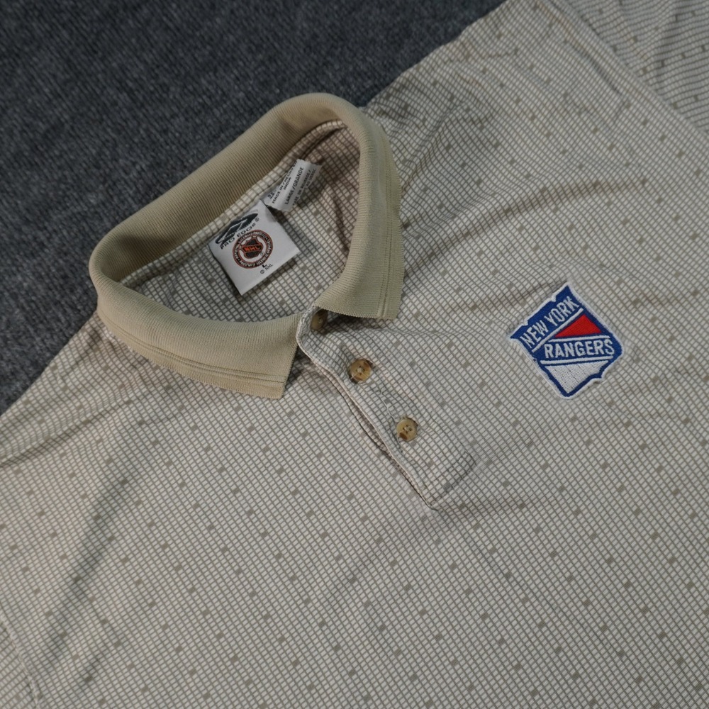 Pro Edge New York Rangers Polo Mens Large Beige NHL Geometric Grid Rayon Blend